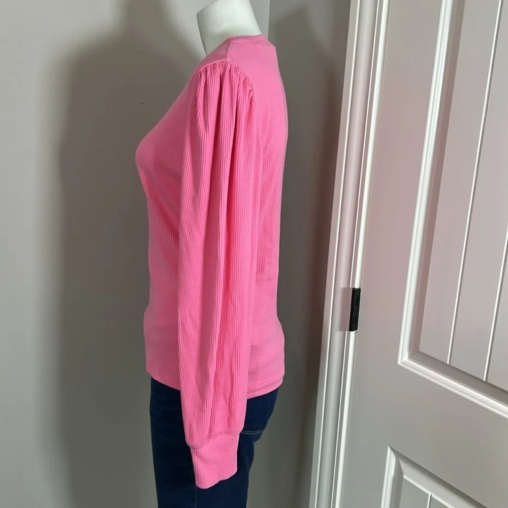 J Crew Vintage rib puff sleeve top Pink lightweight cotton long sleeve Sz L